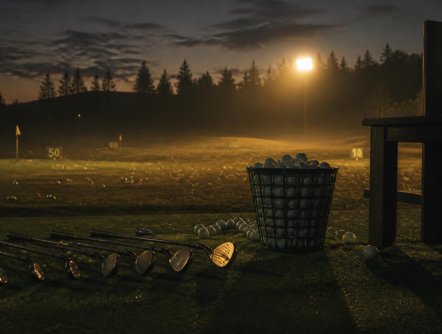 A floodlit practice range at dusk with irons laid across the mat